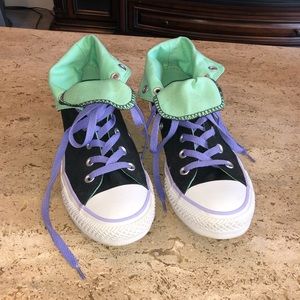 Black and turquoise high top converse